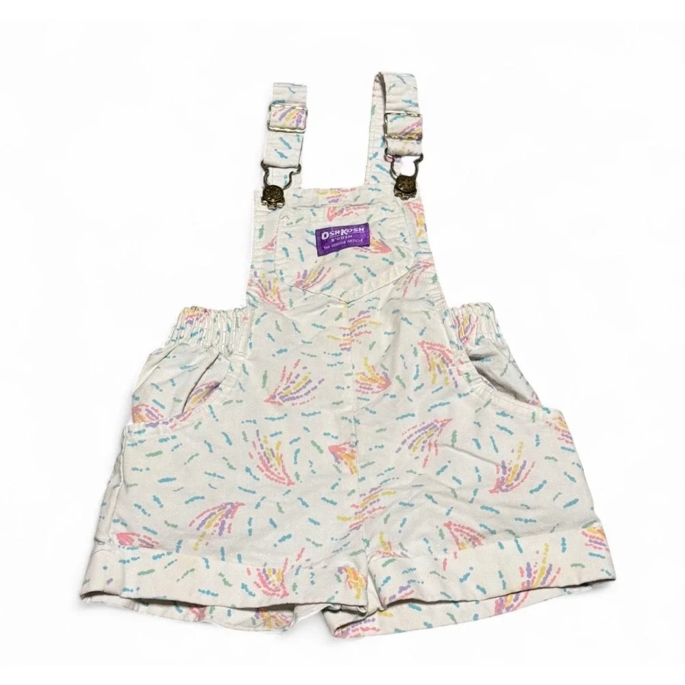Vintage OshKosh B'Gosh Girls 4 Shortalls Confetti Rainbow Print Overalls USA
